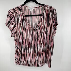 Liz Claiborne Petite XL Women’s Short Sleeve Shirt Pink Black V-neck Blouse